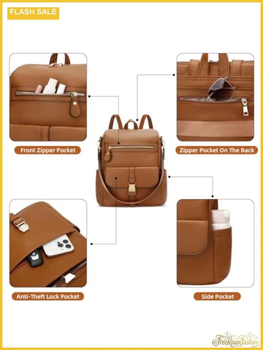 Faux Leather Multi-Pocket Travel Backpack for Women, Anti-Theft, 13in Laptop